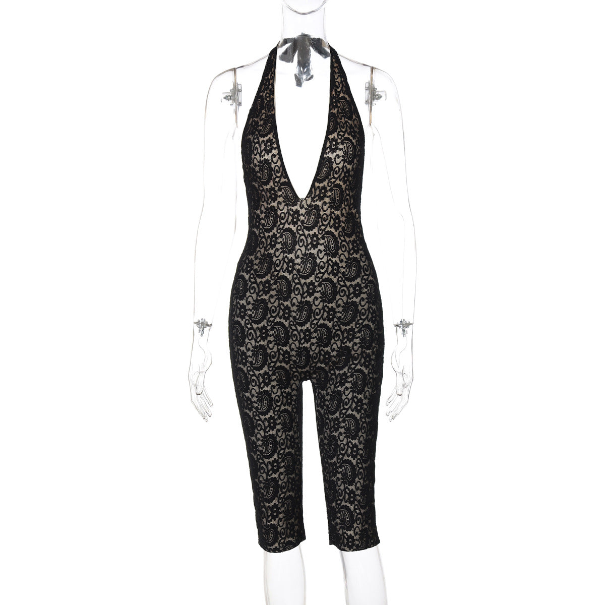 Sexy Lace Backless Jumpsuit with Halter Neck
