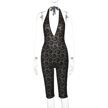 Sexy Lace Backless Jumpsuit with Halter Neck