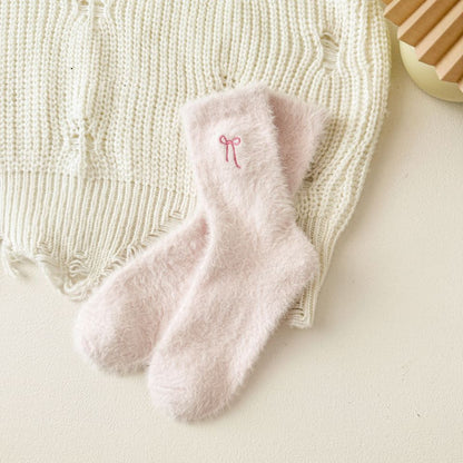 Winter Bow Embroidered Thick Plush Crew Socks