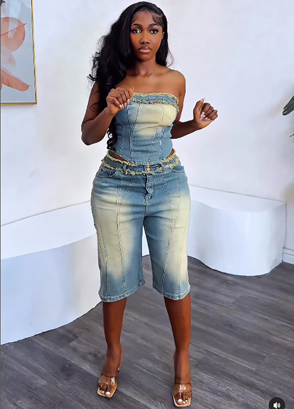 Women'S Denim Set Trendy Sleeveless Wrap Top High-Waisted Shorts