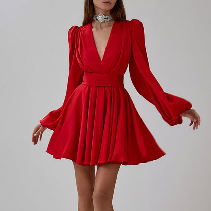 French Pleated Dress With Puff Sleeves and V-Neck