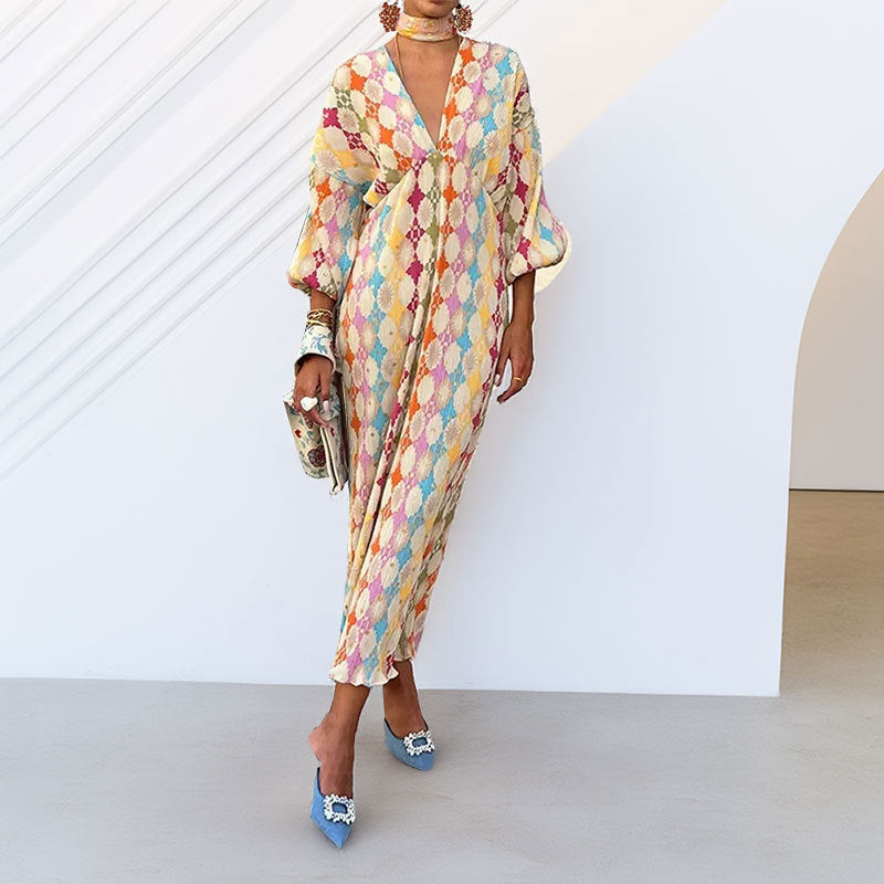 Color Block Floral Maxi Dress Elegant Fit Short Sleeve Dress