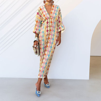 Color Block Floral Maxi Dress Elegant Fit Short Sleeve Dress
