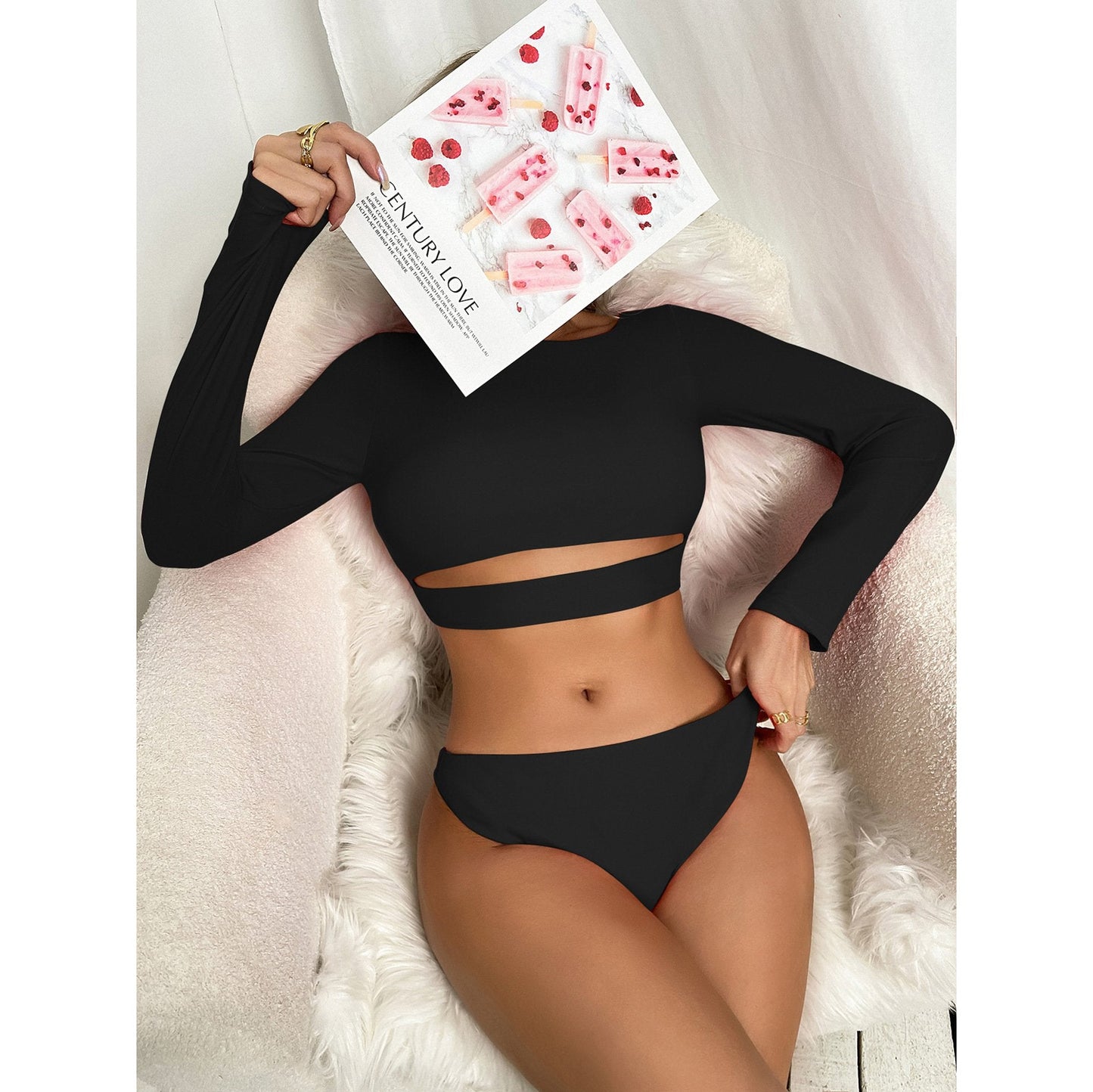 Bikini Long Sleeve Wetsuit Solid Color Swimsuit Sexy Swimsuit High Fork Bikini