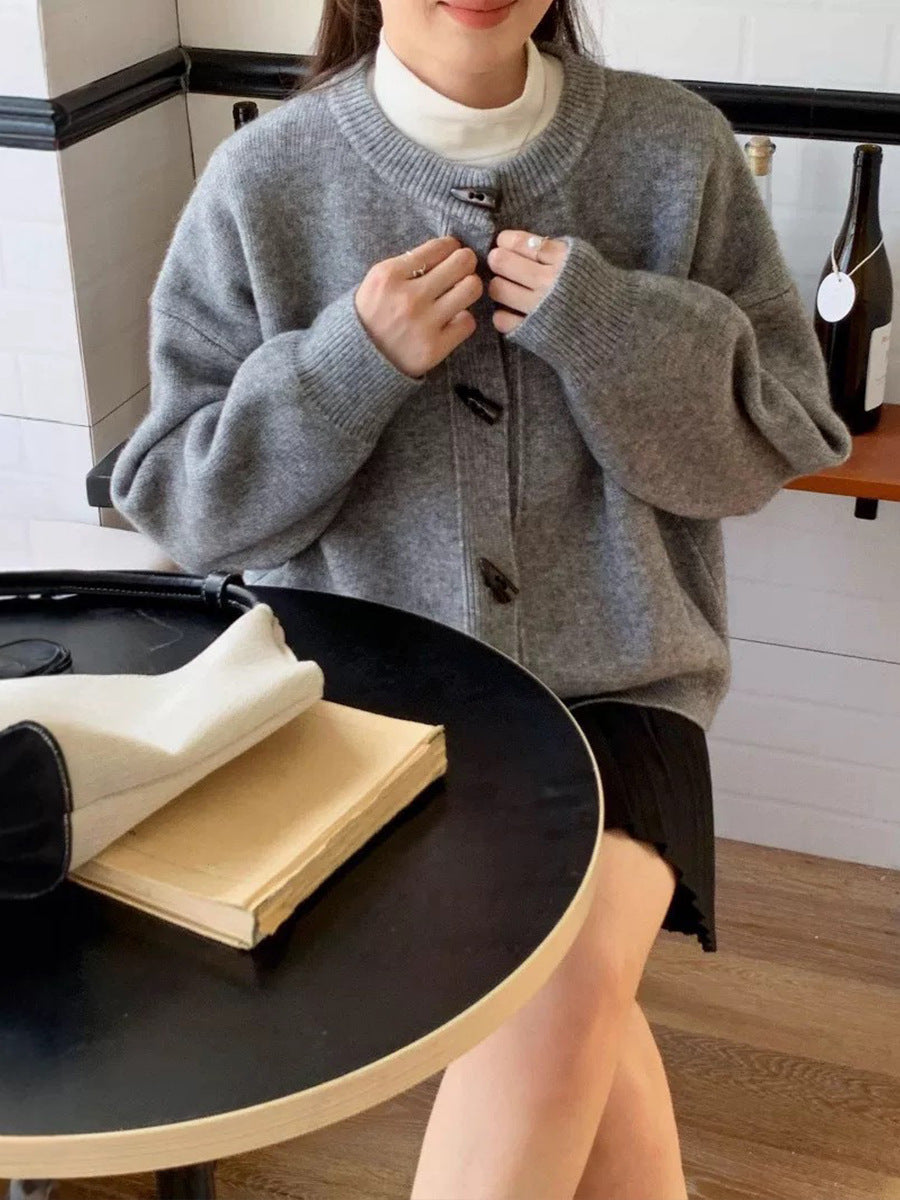 Retro Solid Color Toggle Button Knit Cardigan