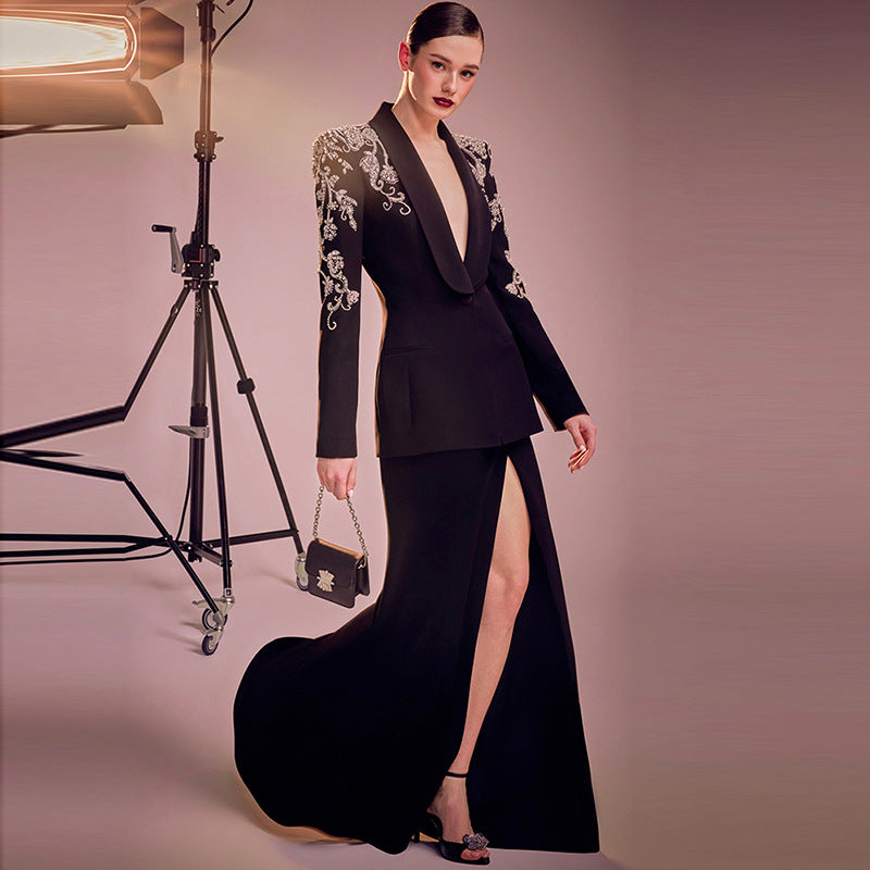 Glam Rhinestone Suit Jacket With Fish Tail Long Skirt