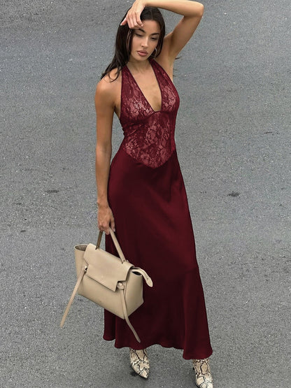 Backless Lace-Trimmed Deep V Neck Dress