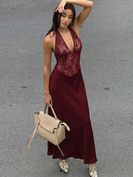 Backless Lace-Trimmed Deep V Neck Dress