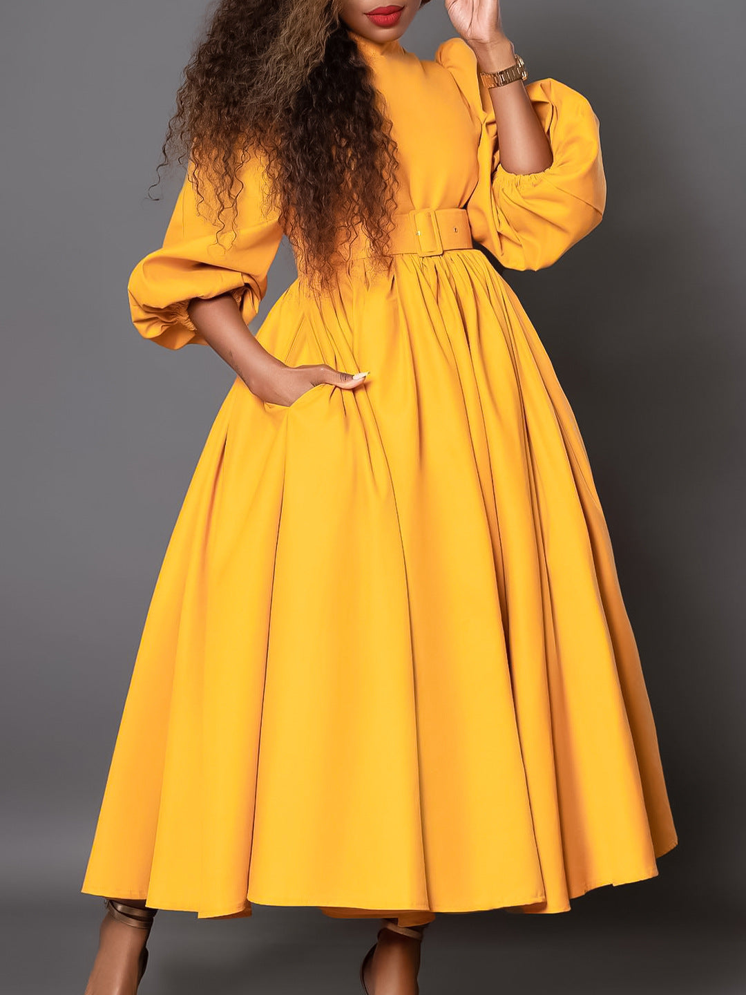 Elegant High Neck Long Sleeve Dress With Belt