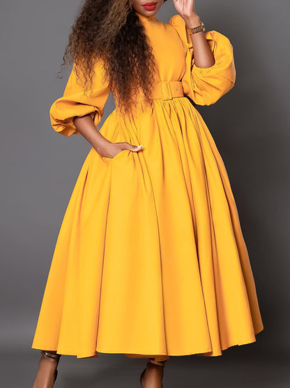 Elegant High Neck Long Sleeve Dress With Belt