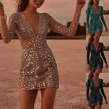 Sexy Deep V Sequin Bodycon Dress Long Sleeve Evening Gown