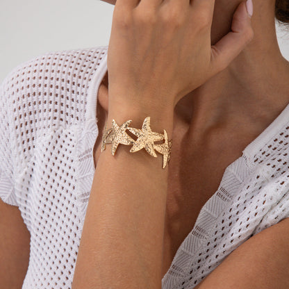Starfish and Seashell Open Bangle Bracelet for Women