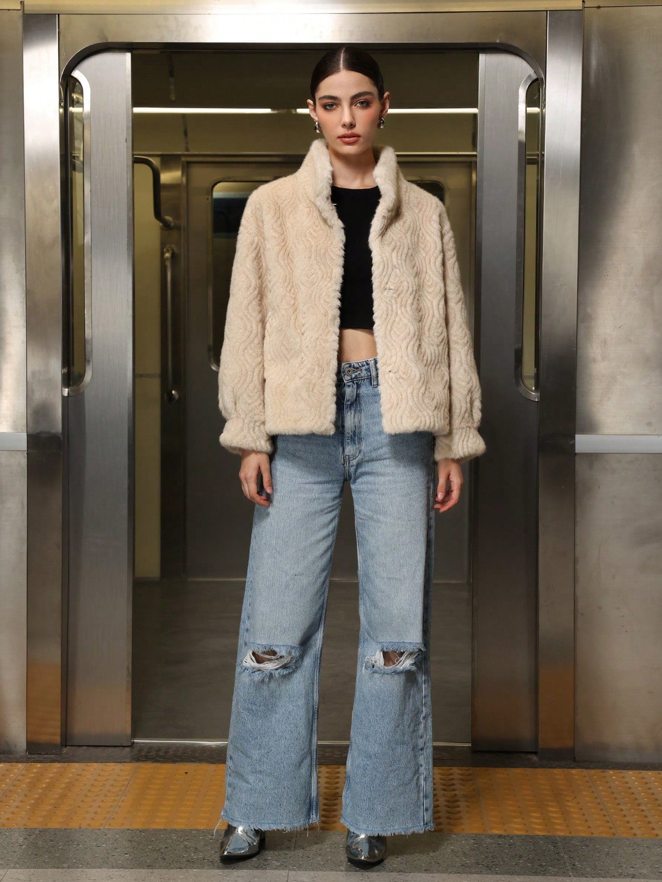 Ribbed High Neck Long Sleeve Faux Fur Jacket Women
