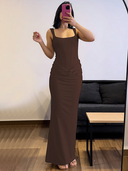 Elegant U-Neck Long Dress with Ruching