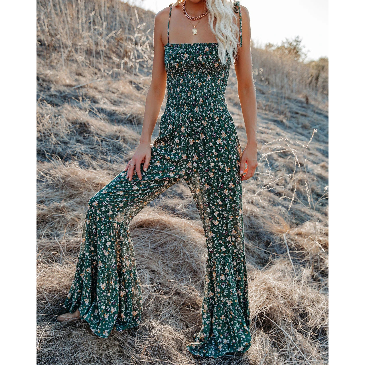 Small Floral Sexy Suspender Jumpsuit Home Flared Pants Jumpsuit