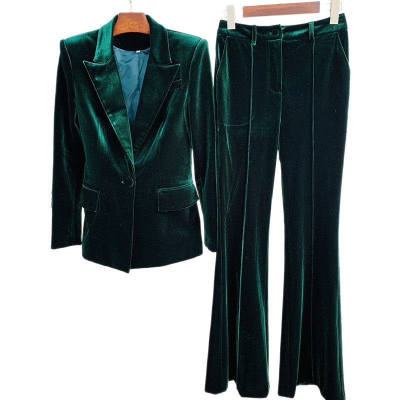 Elegant Velvet Suit Jacket And Fitted Flare Pants Set