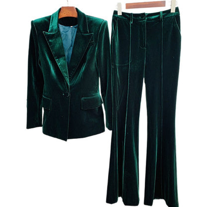 Elegant Velvet Suit Jacket And Fitted Flare Pants Set