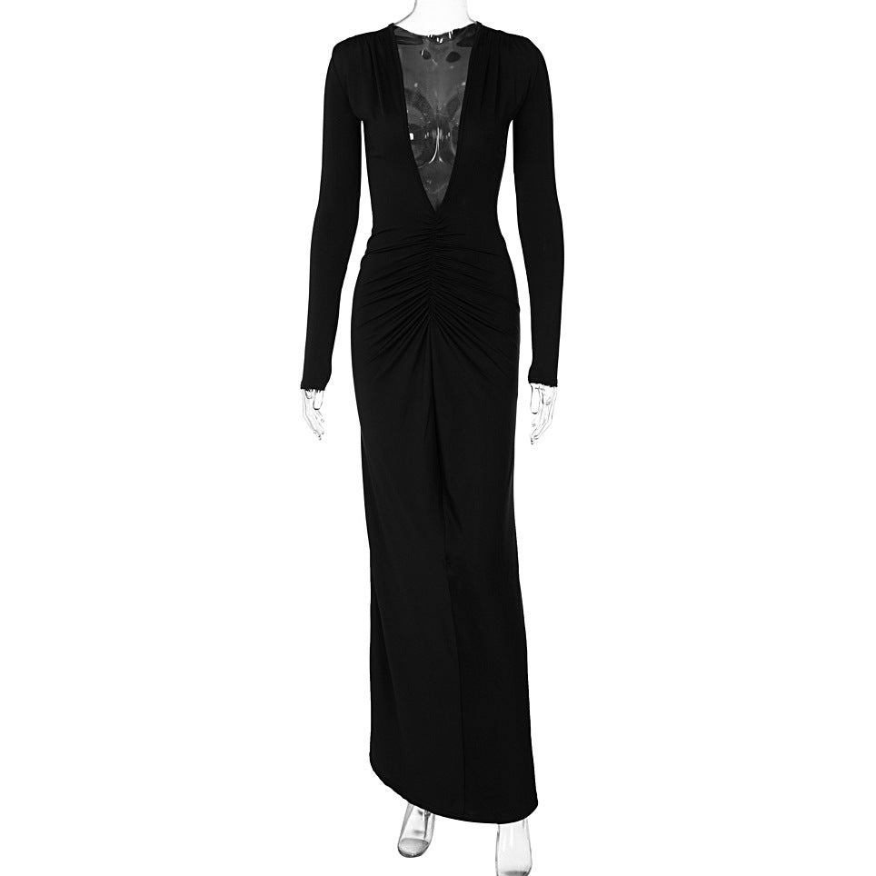 Sexy V-Neck Long Sleeve Ruched Dress Elegant Casual