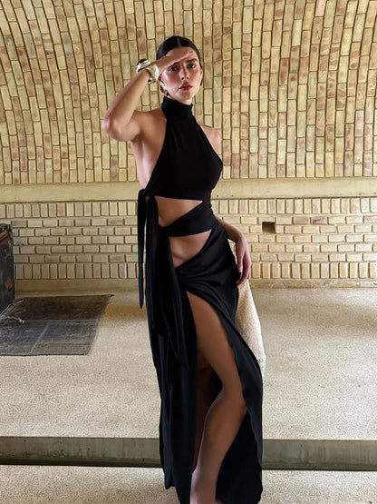 Backless Halter Long Maxi Dress with Cutout Design