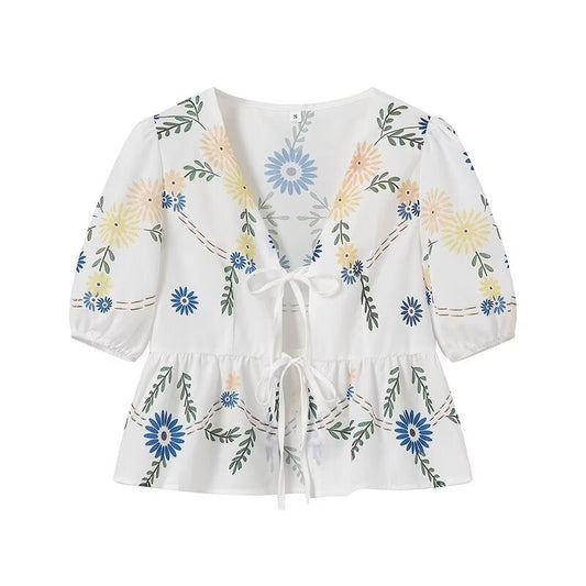 Trendy Flower Printed Tie Front Crop Top