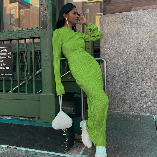 Women'S Fashion Casual Solid Color Round Neck Long Sleeves Slim Pleated Long Skirt Pressed Pleated Dress