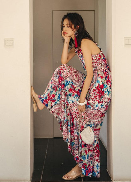 Ethnic Style Summer Bohemian Holiday Thailand Beach Spaghetti-Strap Long Dress