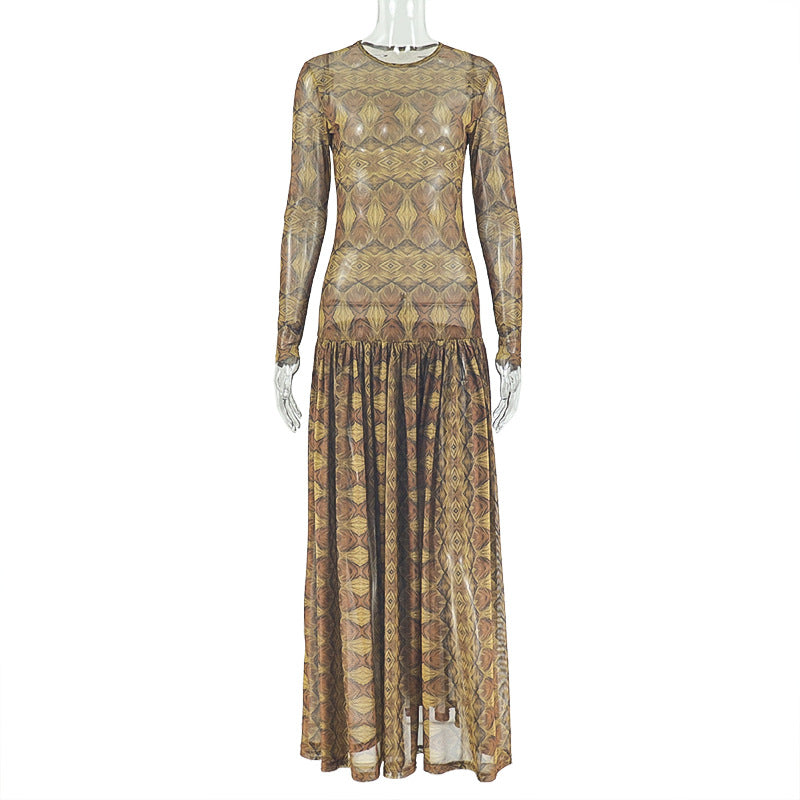 Elegant Vintage A-Line Dress With Long Sleeves And Floral Print