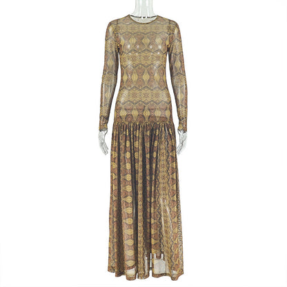 Elegant Vintage A-Line Dress With Long Sleeves And Floral Print