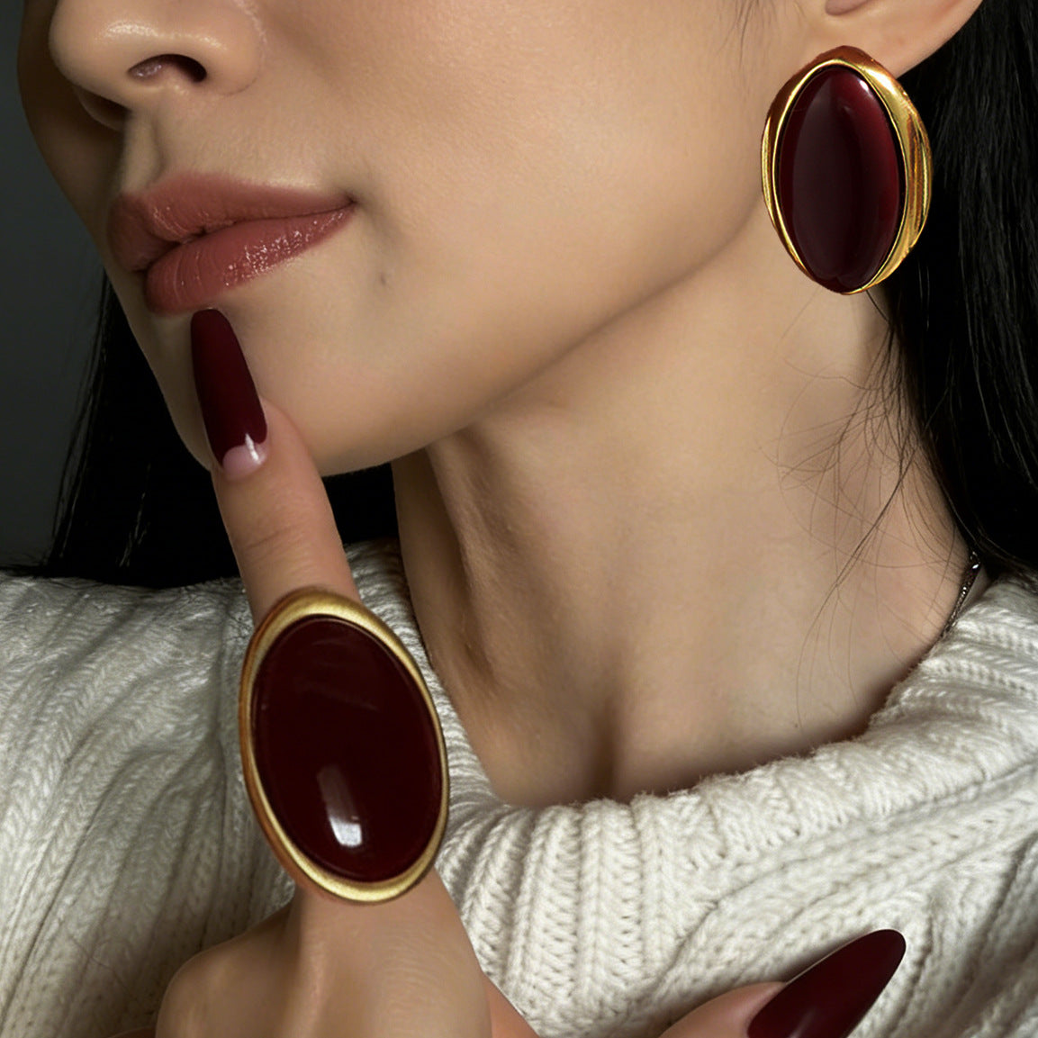 Retro Bold Red Gem Resin Ring Stylish Geometric Metal Wide Band Ring