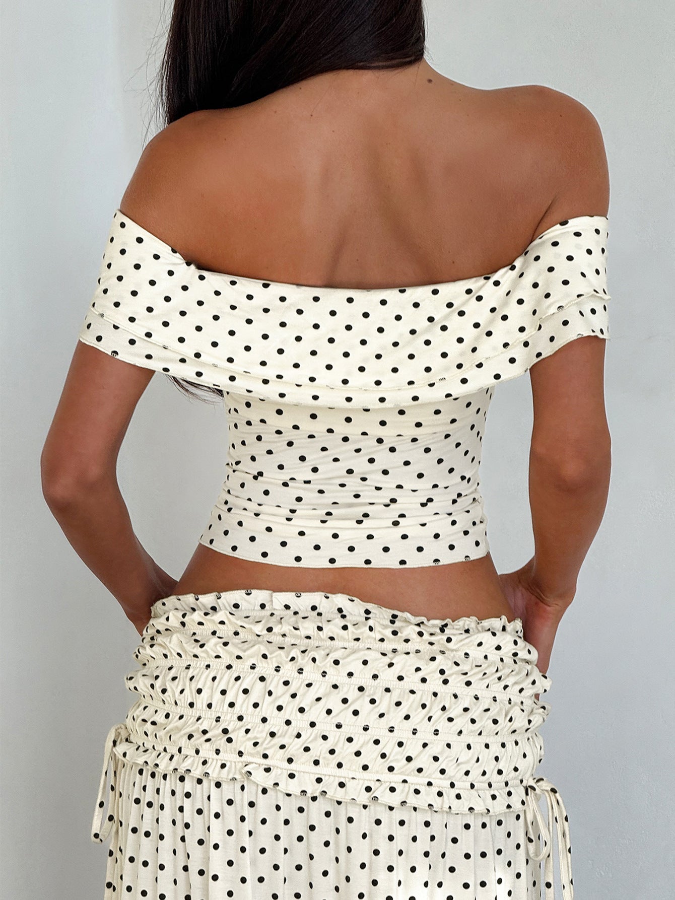 Trendy Dot Print Off-Shoulder Top and Long Skirt Set