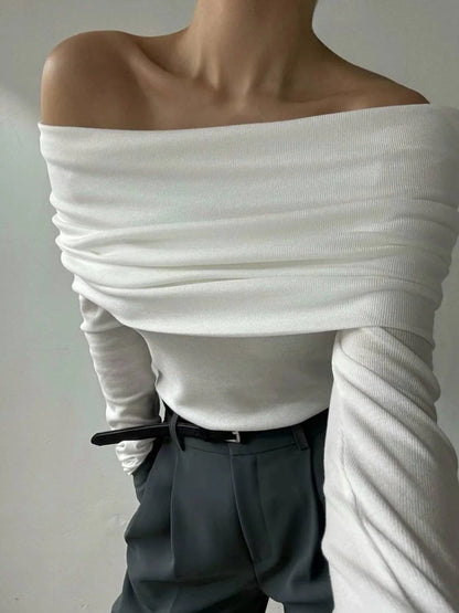Off-Shoulder Knit Sweater Elegant Fitted Style
