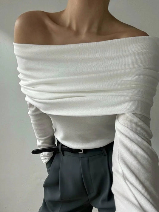 Off-Shoulder Knit Sweater Elegant Fitted Style