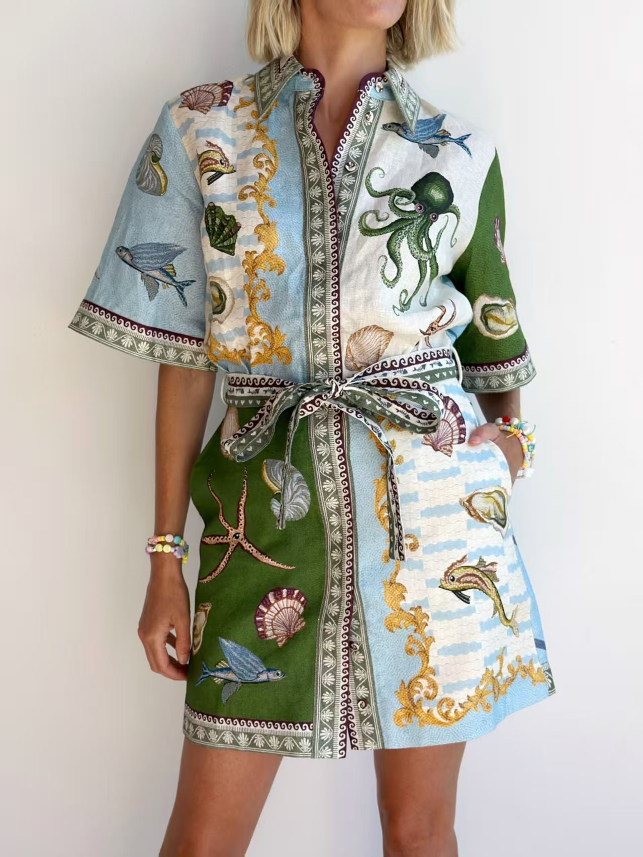 Fashionable Linen Shirt Dress with Animal Print for Casual Elegance