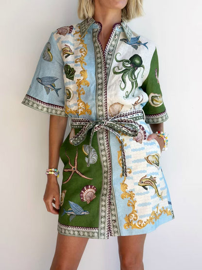 Fashionable Linen Shirt Dress with Animal Print for Casual Elegance