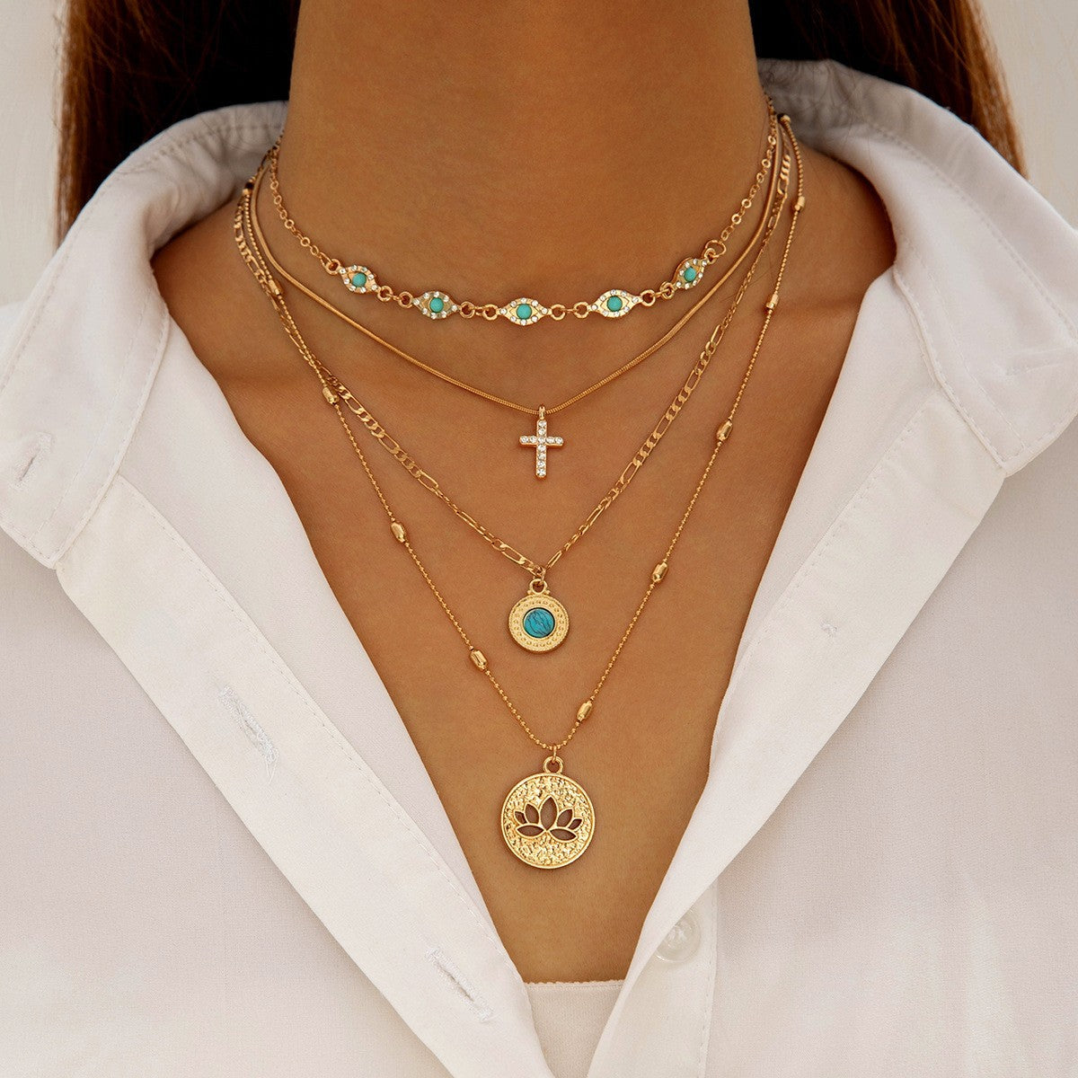 Geometric Layered Y-Shaped Alloy Necklace With Tassels And Rhinestones