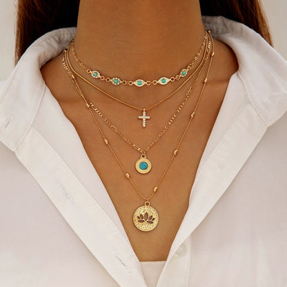 Geometric Layered Y-Shaped Alloy Necklace With Tassels And Rhinestones