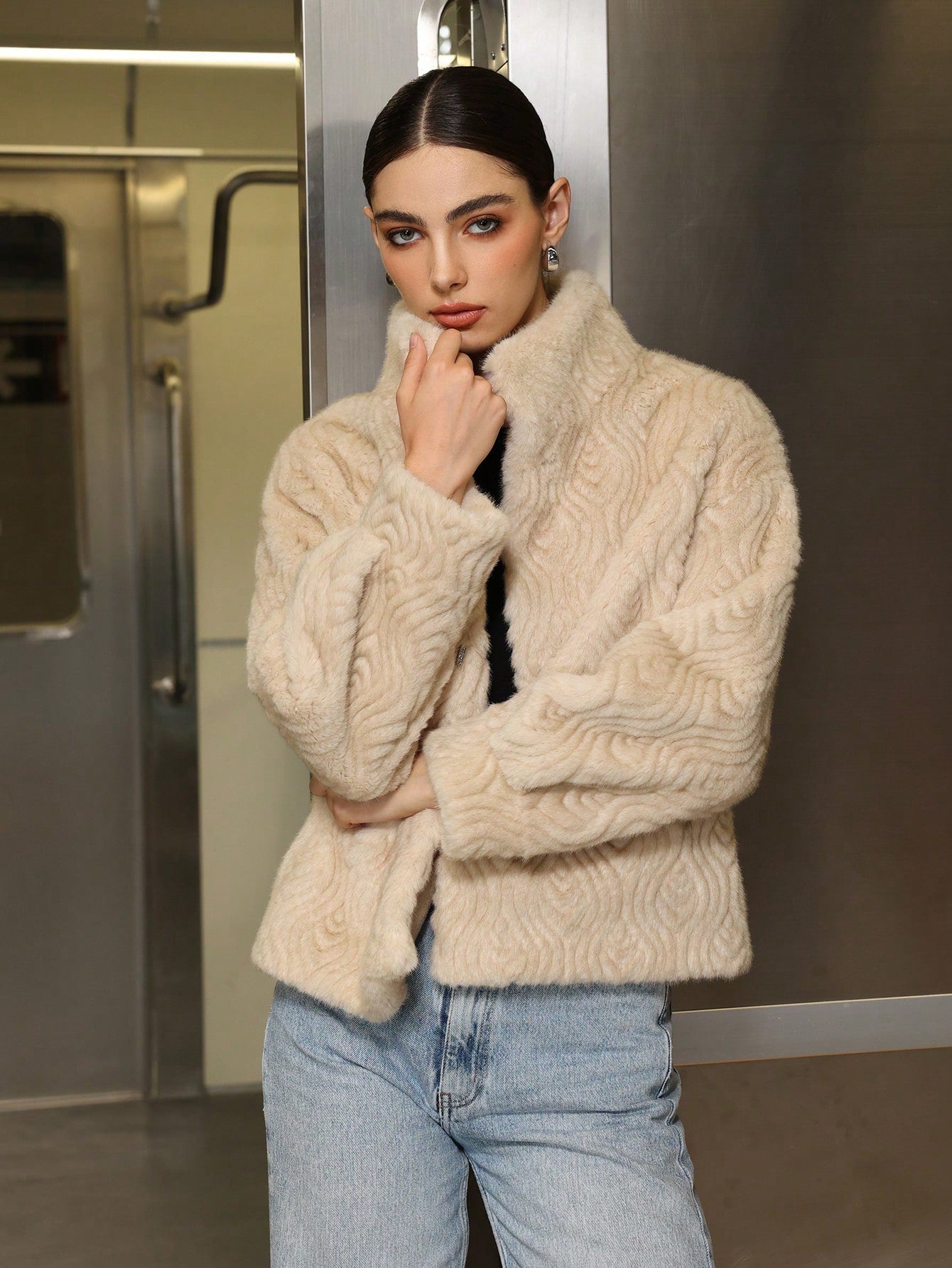 Ribbed High Neck Long Sleeve Faux Fur Jacket Women