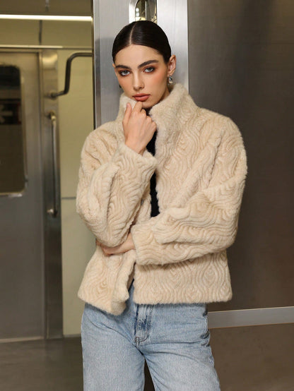 Ribbed High Neck Long Sleeve Faux Fur Jacket Women
