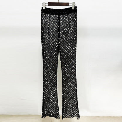 Hollow Beaded Flower Suit Set with Wide Leg Pants