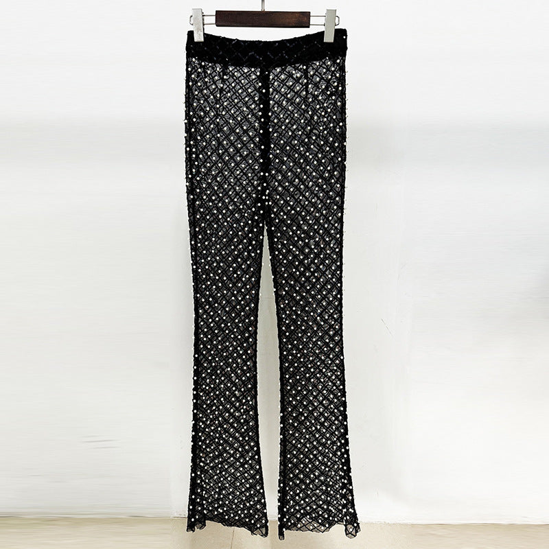 Hollowed Pearl Embellished Floral Blazer And Pants Set