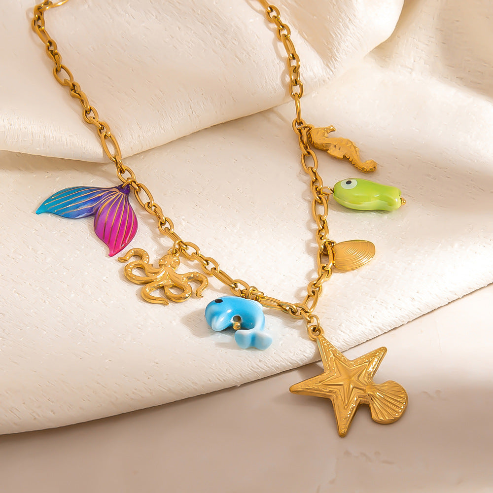 Ocean-Inspired Stainless Steel Necklace with Flower Pendant