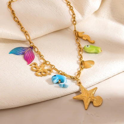 Ocean-Inspired Stainless Steel Necklace with Flower Pendant