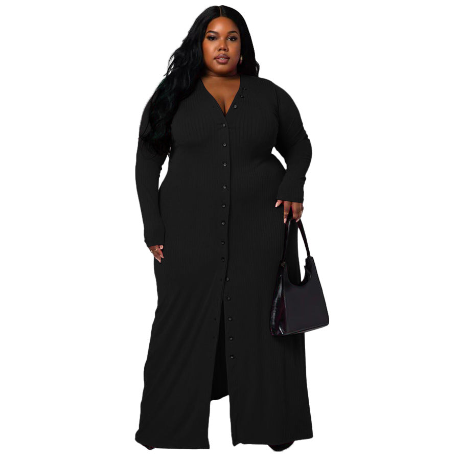 Plus Size Women'S V-Neck Split Hem Dress Stylish Casual A-Line Dress