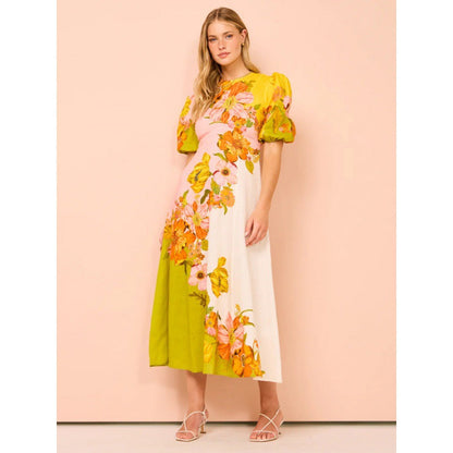 New Printing Fashion Bubble Sleeve Versatile Slim Swing Dress