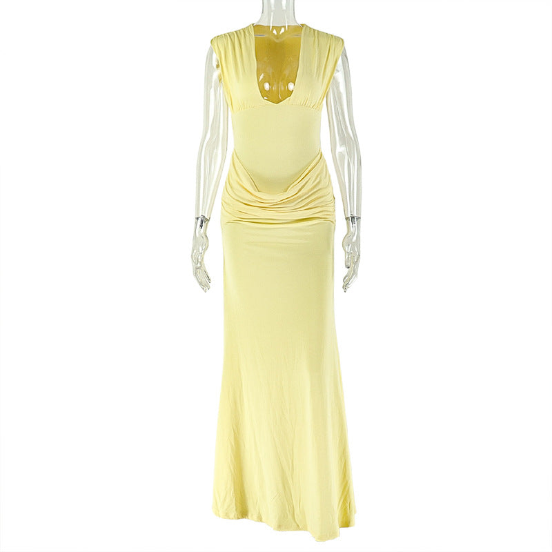 Sleeveless V-Neck Bodycon Dress In Solid Colors For Casual Street Style