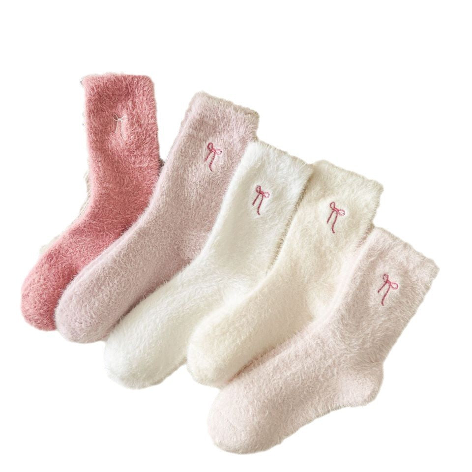 Winter Bow Embroidered Thick Plush Crew Socks