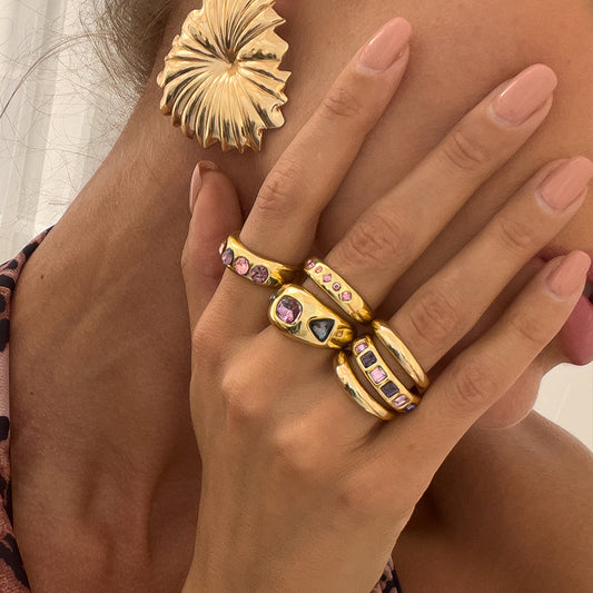 Colorful Gemstone Stacking Rings Set Vintage Metal Design