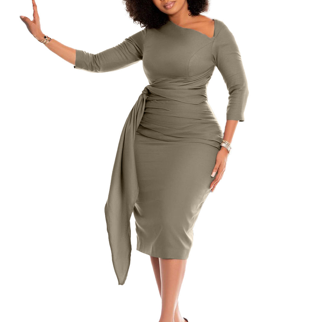 Elegant Solid Color Bodycon Dress With Ruffles
