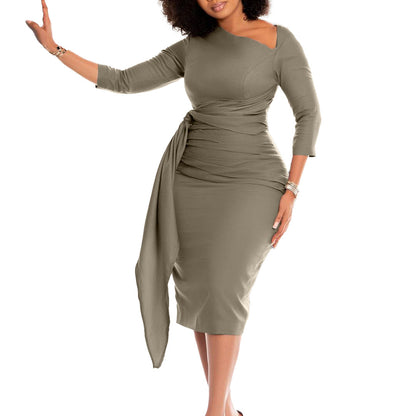 Elegant Solid Color Bodycon Dress With Ruffles