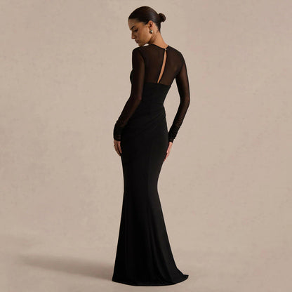 Elegant High-Waisted Sheer Long Sleeve Dress
